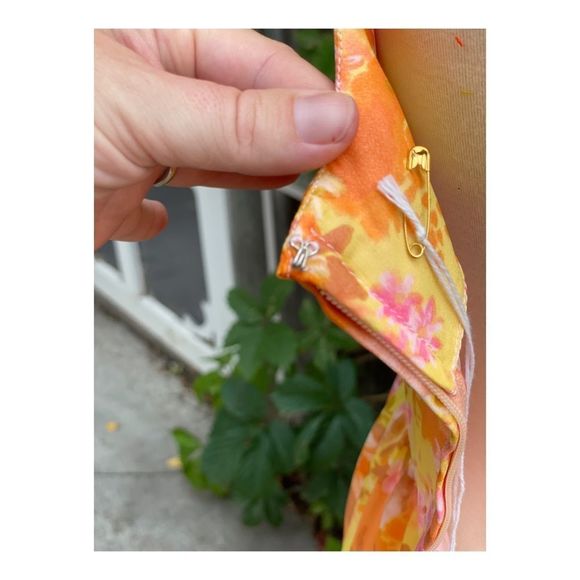 1950s Chiffon Formal Gown Dress Maxi Floral Tangerine Pink Yellow Sleeveless - Picture 12 of 16